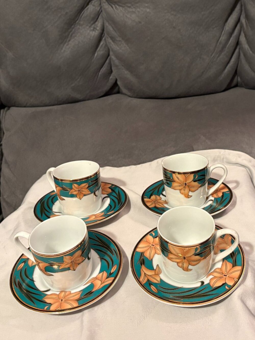 VTG 1980's FINE PORCELAIN SHENG XING CHINA- 4 ESPRESSO CUPS & 4 SAUCERS-8pcs-EUC